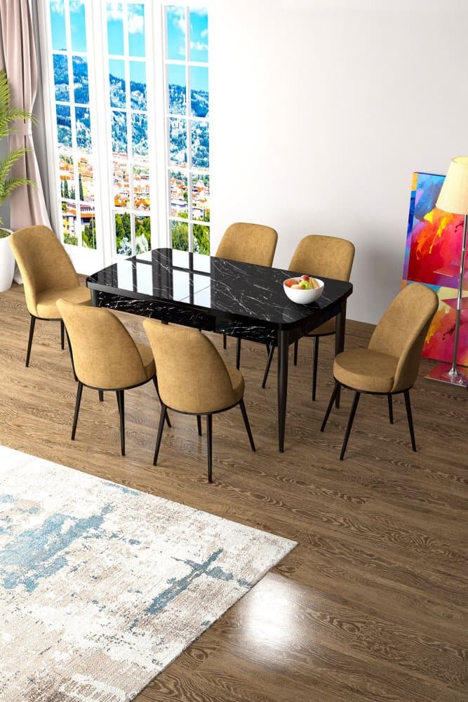 Extendable Dining Table & Chairs Set (7 Pieces) Zen - Black Marble, Cappuccino 1
