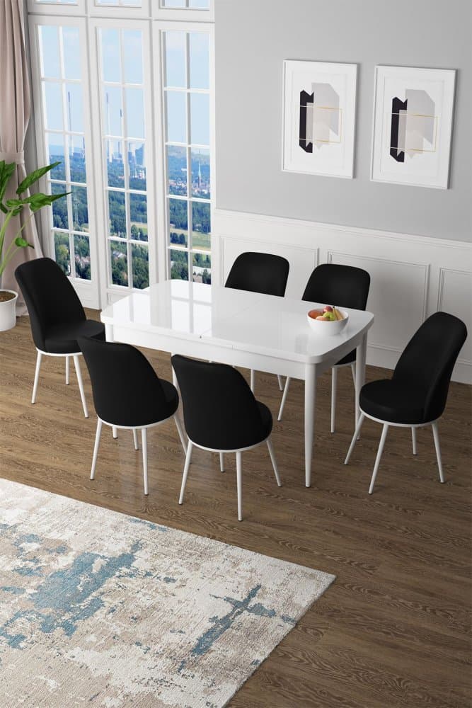 Extendable Dining Table & Chairs Set (7 Pieces) Zen - White, Black 1