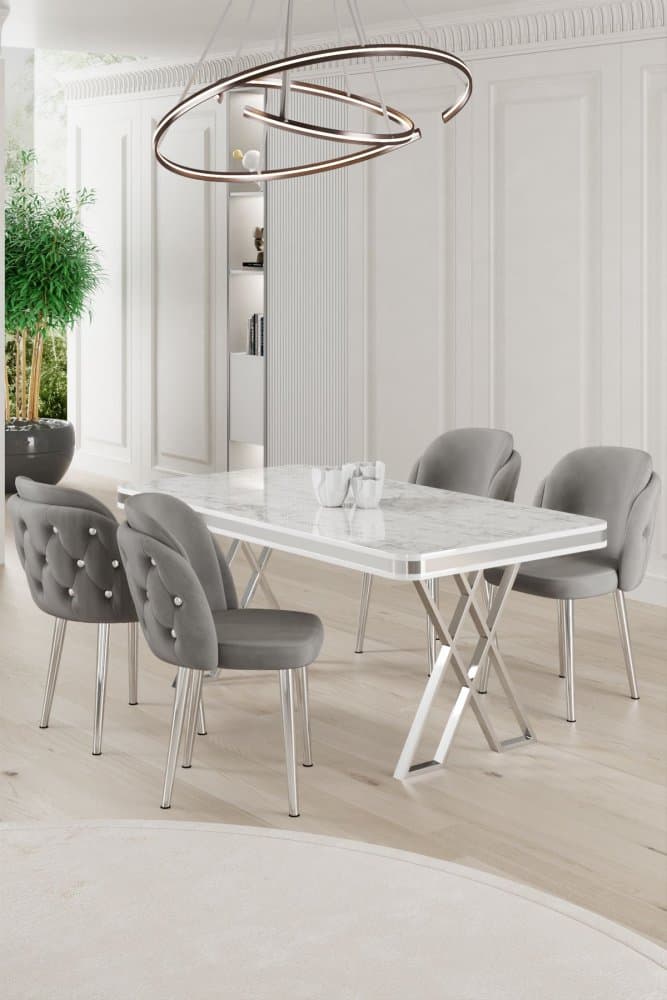 Dining Table & Chairs Set (5 Pieces) Rigel - White, Chrome, Grey 1