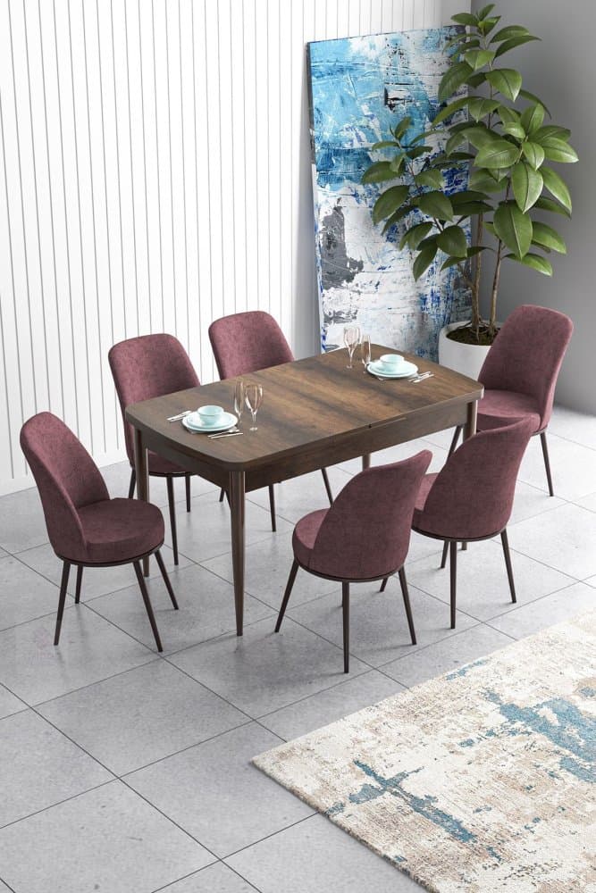 Extendable Dining Table & Chairs Set (7 Pieces) Han - Baroque, Dusty Rose 1