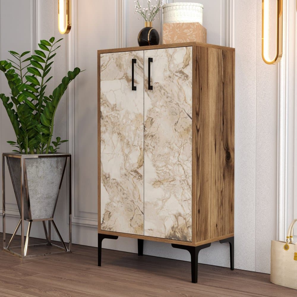 Skrinka na topánky / Botník Prag - Walnut, White Marble