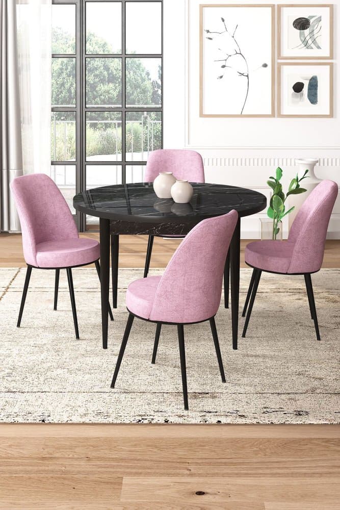 Dining Table & Chairs Set (5 Pieces) Tor - Black Marble, Pink 1