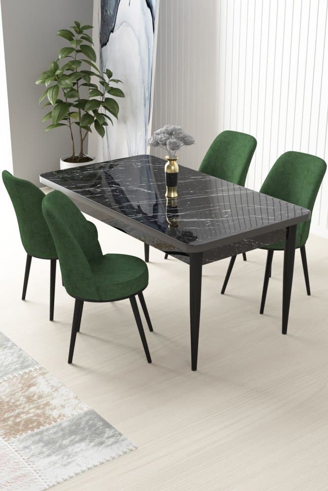 Dining Table & Chairs Set (5 Pieces) Nil - Black Marble, Khaki 1