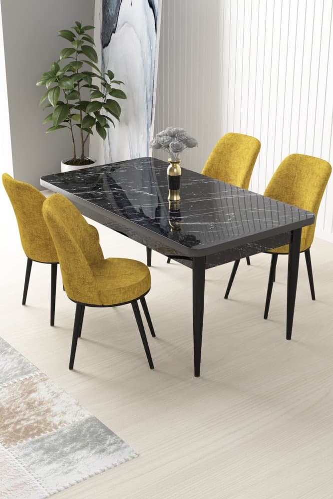 Dining Table & Chairs Set (5 Pieces) Nil - Black Marble, Mustard 1