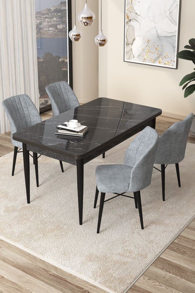 Dining Table & Chairs Set (5 Pieces) Arp - Black Marble, Grey 1