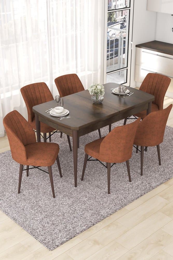 Extendable Dining Table & Chairs Set (7 Pieces) Nef - Baroque, Tile Red 1