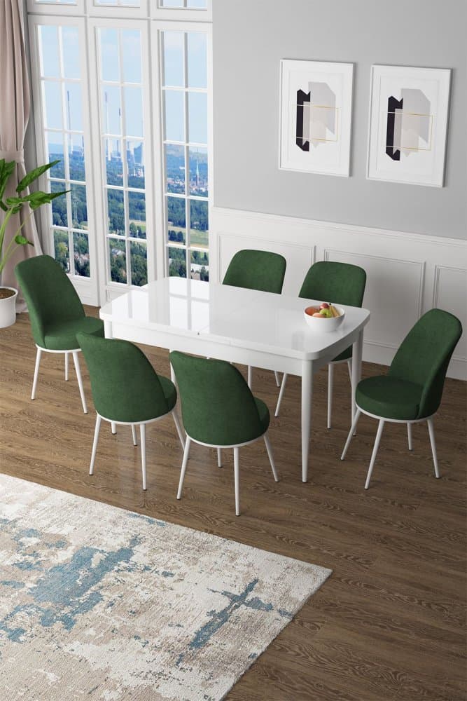 Extendable Dining Table & Chairs Set (7 Pieces) Zen - White, Khaki 1