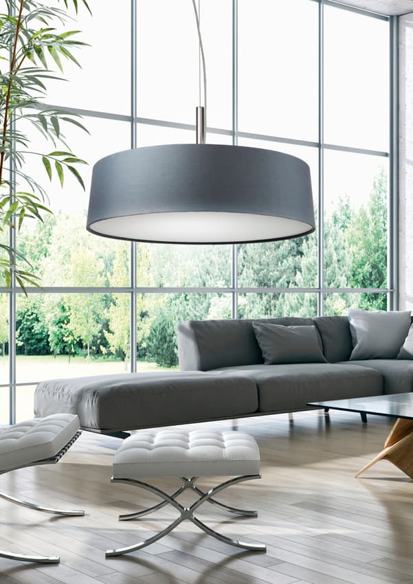 Striebornosivá závesná lampa, tkané tienidlo, 3x60W, Blum 1