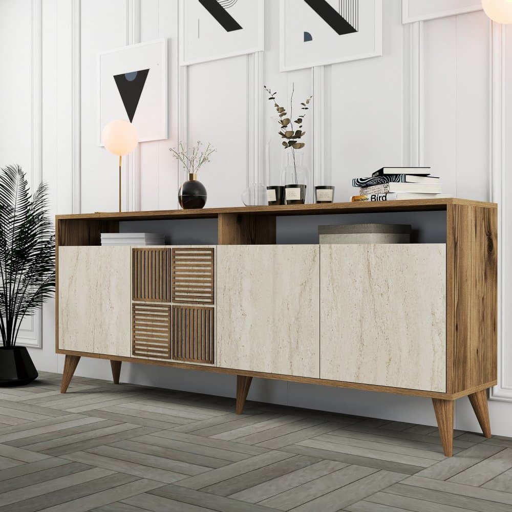 Konzolový stolík / Komoda Milan - Walnut, Travertine