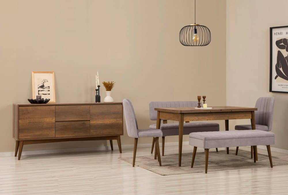 Set s rozkladacím stolom, stoličkami a konzolou (6 kusov) Vina Bench 04 0701 - Walnut, Grey 1
