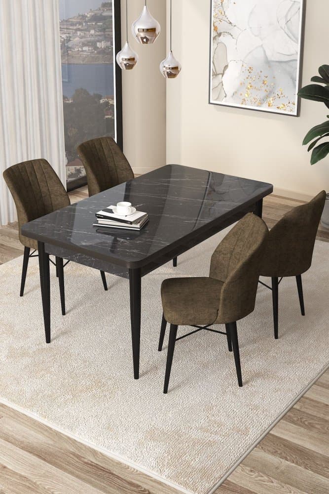 Dining Table & Chairs Set (5 Pieces) Arp - Black Marble, Brown 1