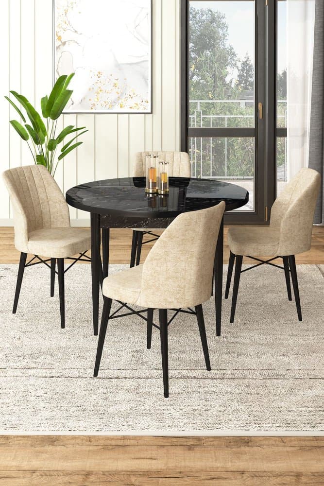 Dining Table & Chairs Set (5 Pieces) Rox - Black Marble, Cream