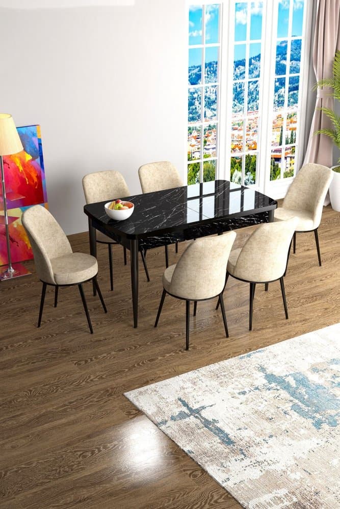 Extendable Dining Table & Chairs Set (7 Pieces) Han - Black Marble, Cream 1