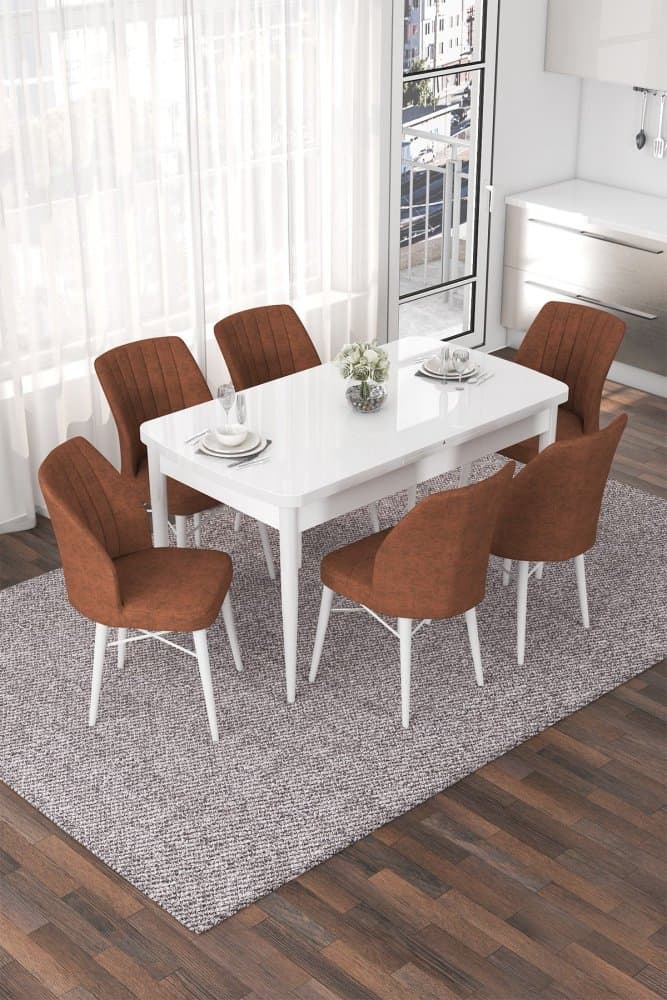 Extendable Dining Table & Chairs Set (7 Pieces) Nef - White, Tile Red 1