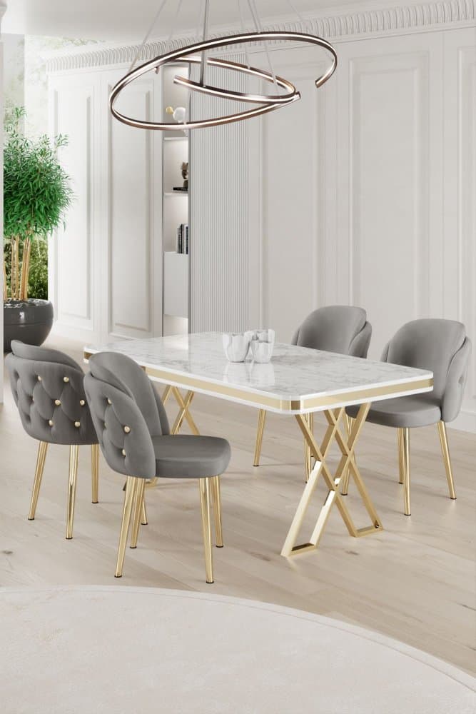 Dining Table & Chairs Set (5 Pieces) Rigel - White, Gold, Grey 1