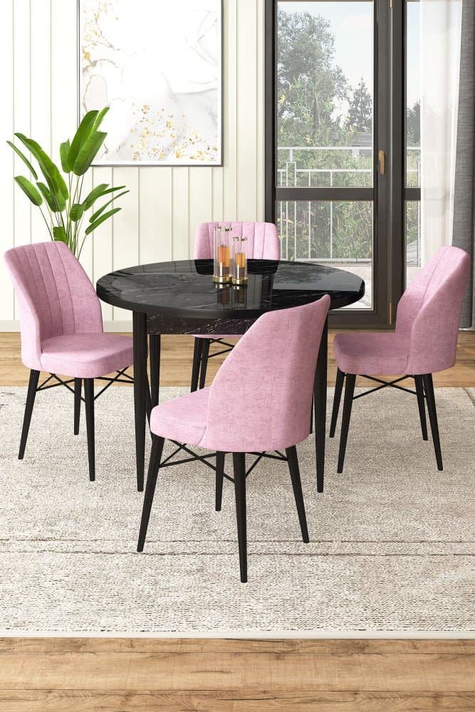 Dining Table & Chairs Set (5 Pieces) Rox - Black Marble, Pink 1