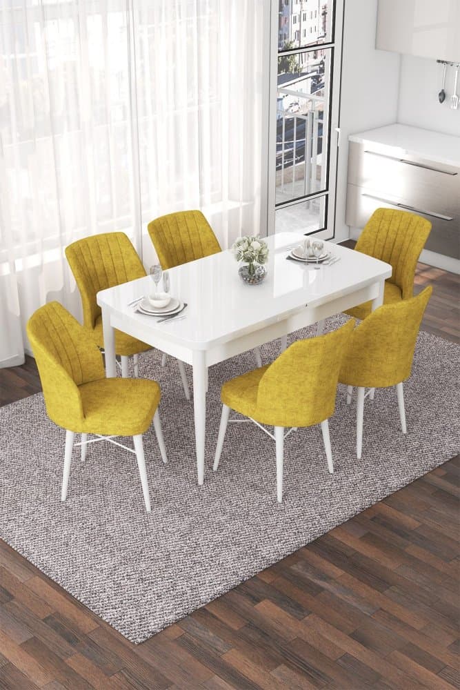 Extendable Dining Table & Chairs Set (7 Pieces) Nef - White, Mustard 1