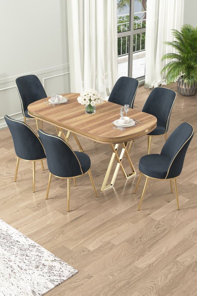 Dining Table & Chairs Set (7 Pieces) Lai - Light Walnut, Gold, Anthracite 1