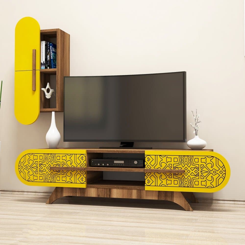 TV skrinka / Obývacia stena Defne - Walnut, Yellow 1