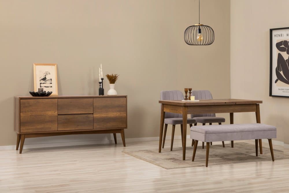 Set s rozkladacím stolom, stoličkami a konzolou (5 kusov) Vina 02 0701 - Walnut, Grey 1