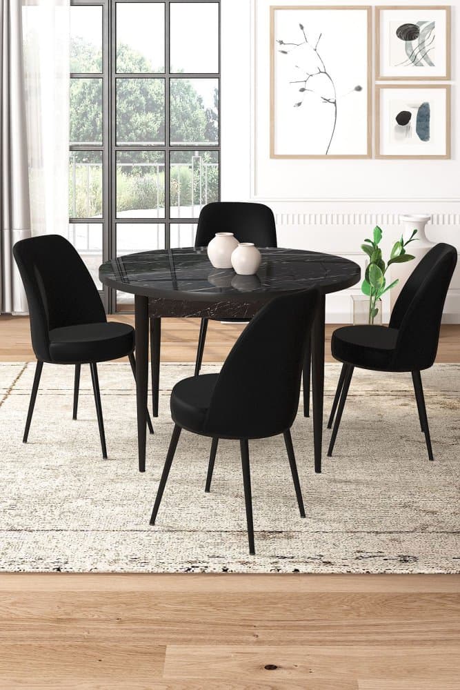 Dining Table & Chairs Set (5 Pieces) Tor - Black Marble, Black 1