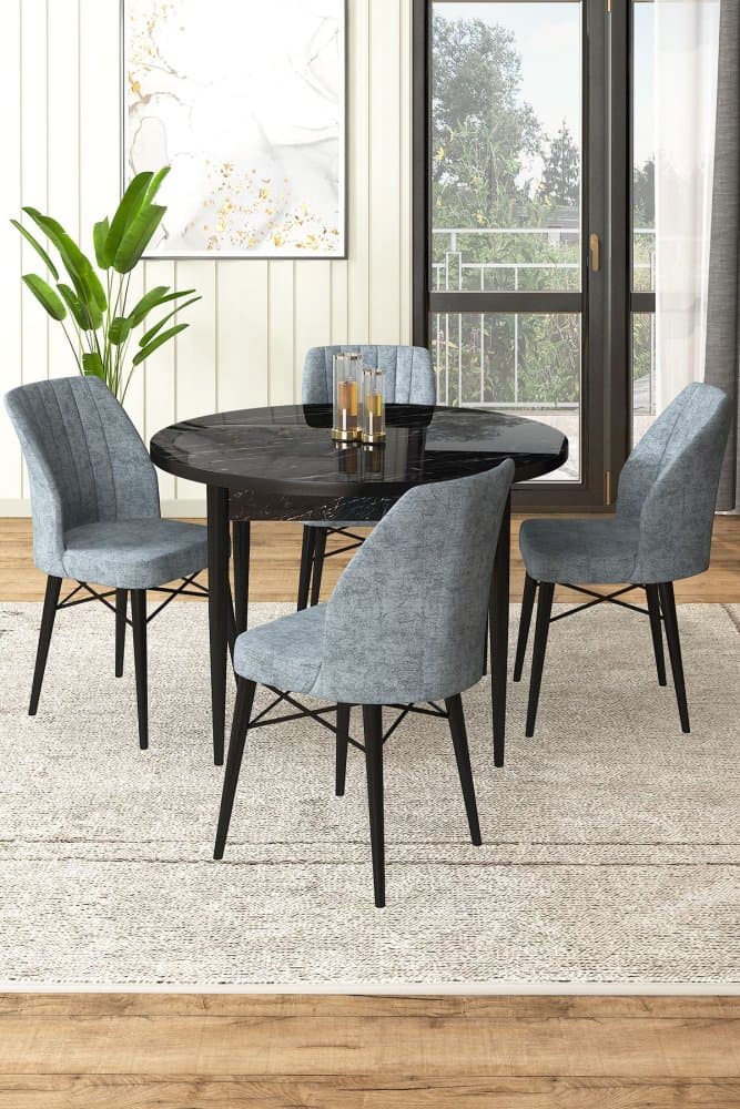 Dining Table & Chairs Set (5 Pieces) Rox - Black Marble, Grey