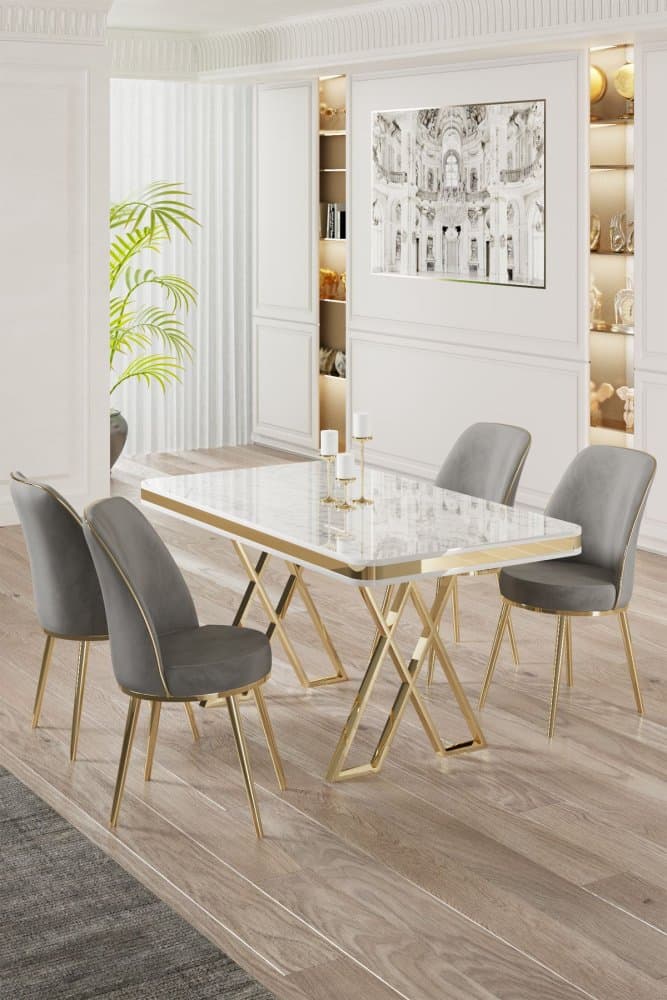 Dining Table & Chairs Set (5 Pieces) Vals - White, Gold, Grey 1
