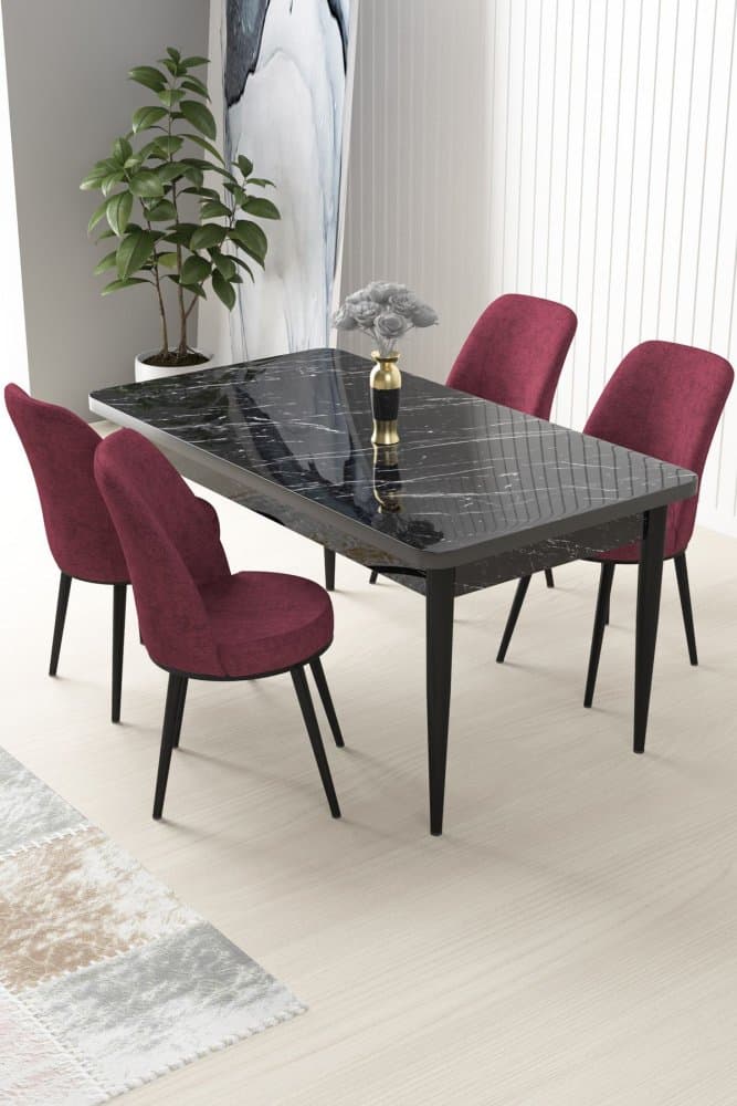 Dining Table & Chairs Set (5 Pieces) Nil - Black Marble, Burgundy 1