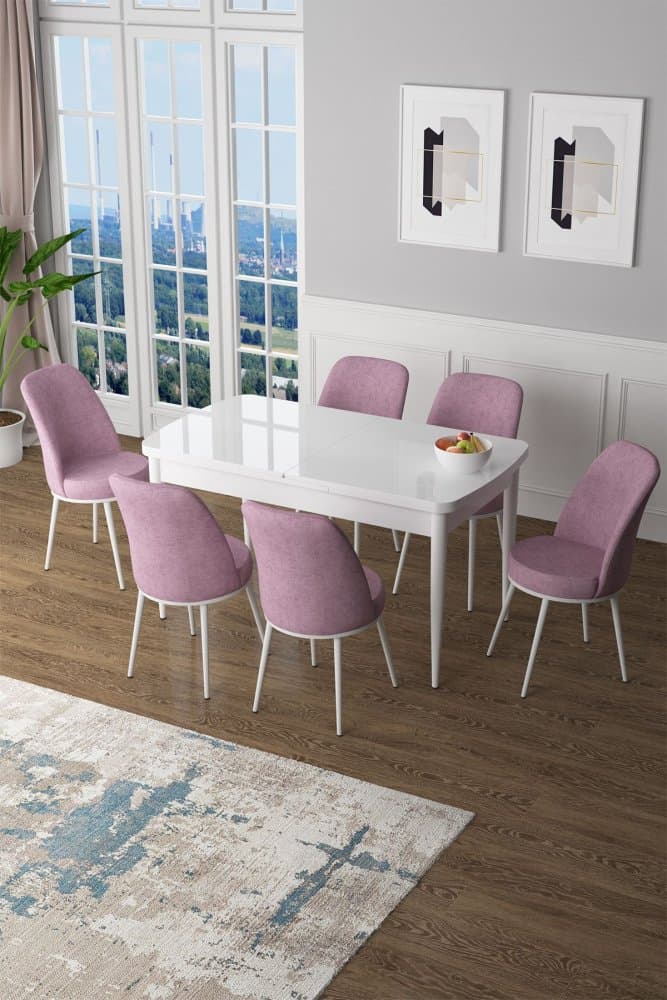 Extendable Dining Table & Chairs Set (7 Pieces) Zen - White, Pink 1