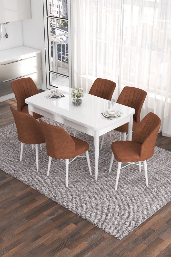 Extendable Dining Table & Chairs Set (7 Pieces) Eva - White, Tile Red 1