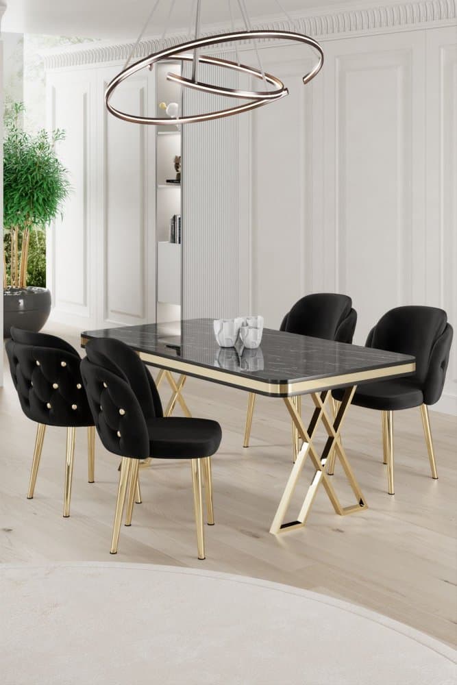 Dining Table & Chairs Set (5 Pieces) Rigel - Black Marble, Gold, Black 1