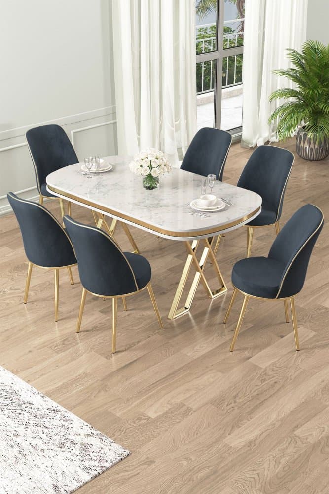 Dining Table & Chairs Set (7 Pieces) Lai - White, Gold, Anthracite 1