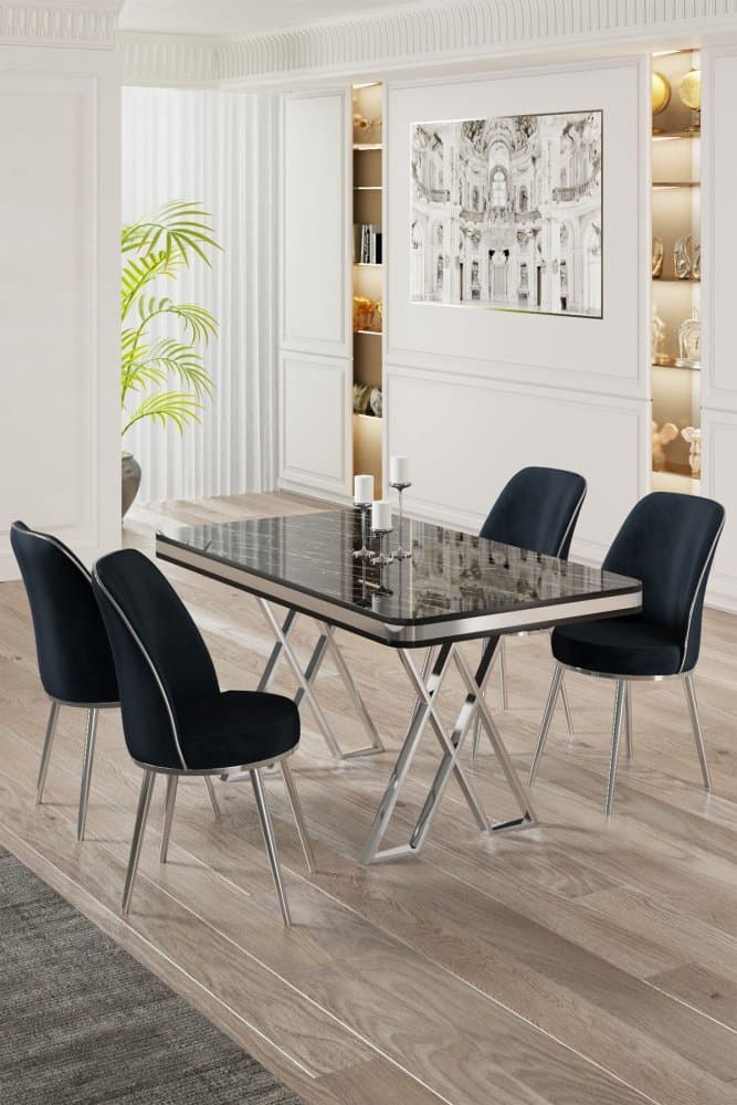 Dining Table & Chairs Set (5 Pieces) Vals - Black Marble, Chrome, Anthracite 1
