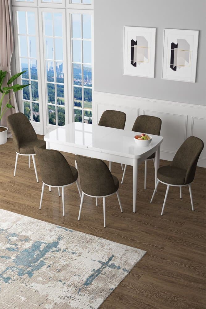 Extendable Dining Table & Chairs Set (7 Pieces) Zen - White, Brown 1