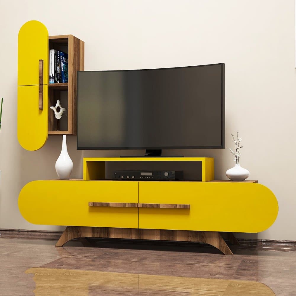 TV skrinka / Obývacia stena Rose S - Walnut, Yellow 1