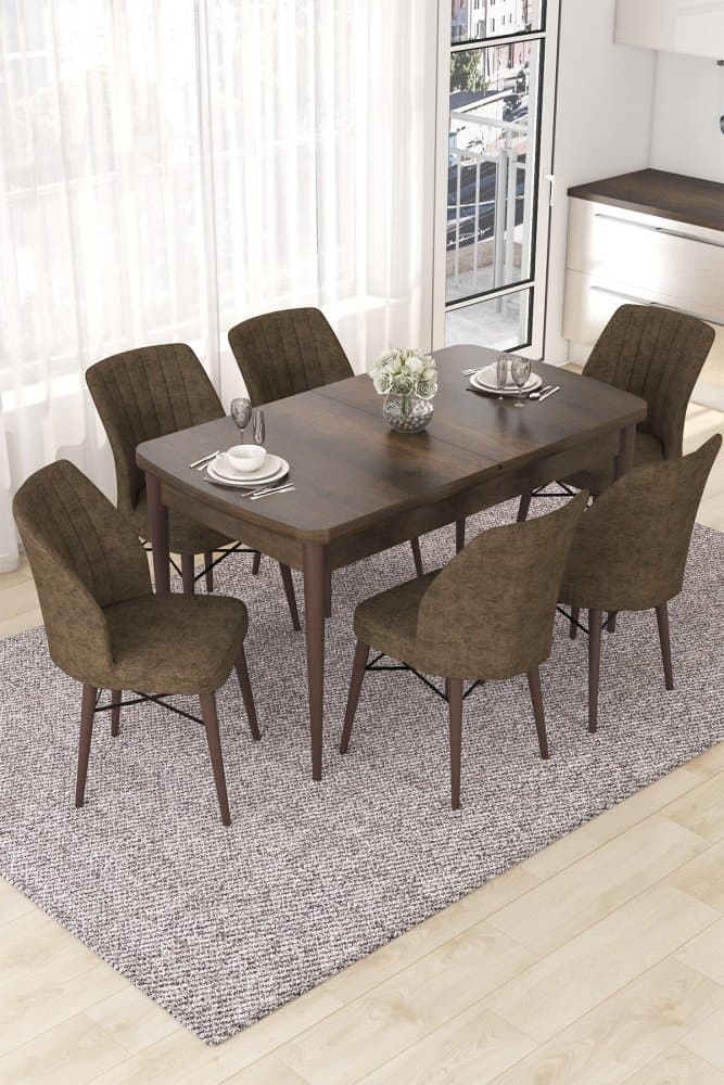 Extendable Dining Table & Chairs Set (7 Pieces) Nef - Baroque, Brown