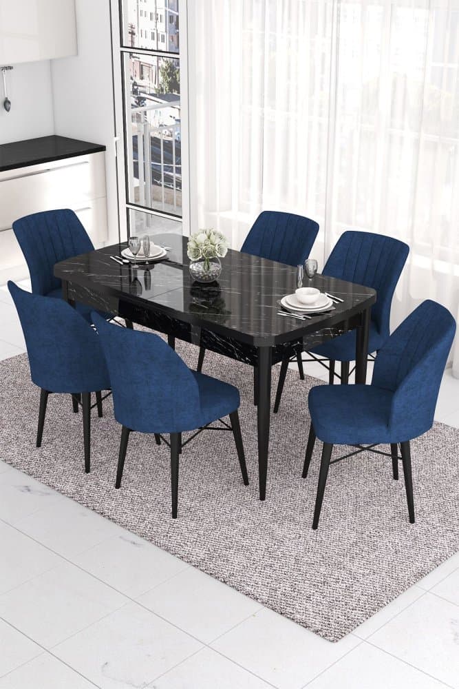 Extendable Dining Table & Chairs Set (7 Pieces) Eva - Black Marble, Navy Blue 1