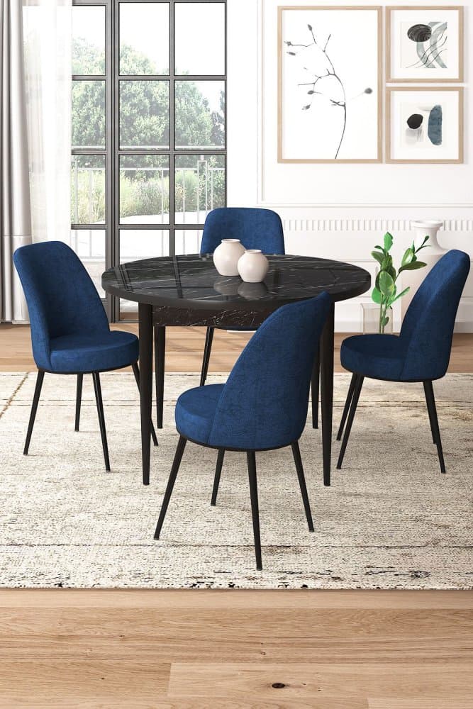Dining Table & Chairs Set (5 Pieces) Tor - Black Marble, Navy Blue 1