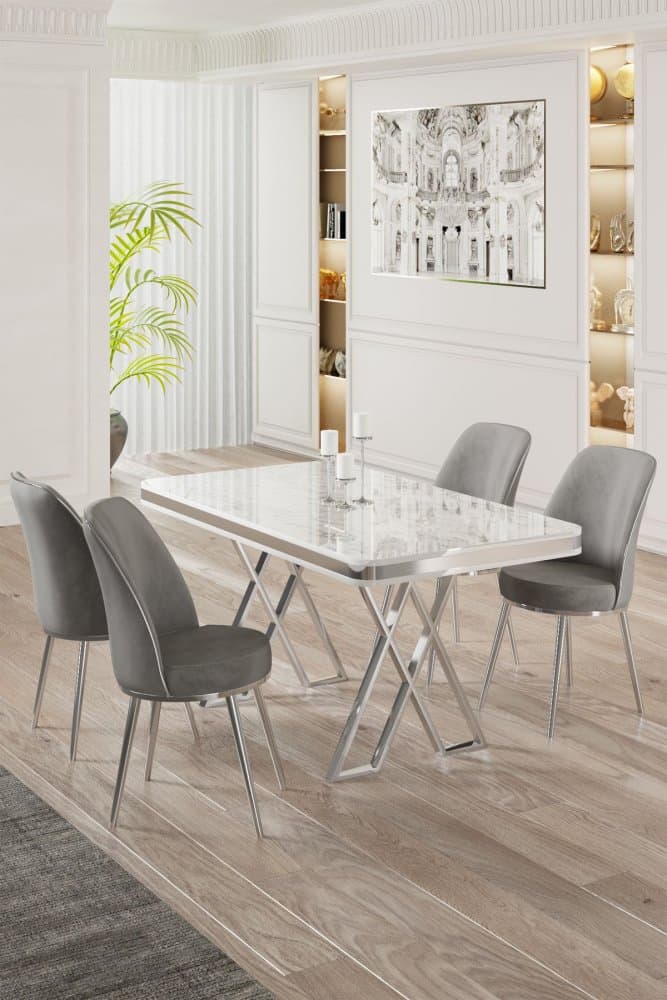 Dining Table & Chairs Set (5 Pieces) Vals - White, Chrome, Grey 1