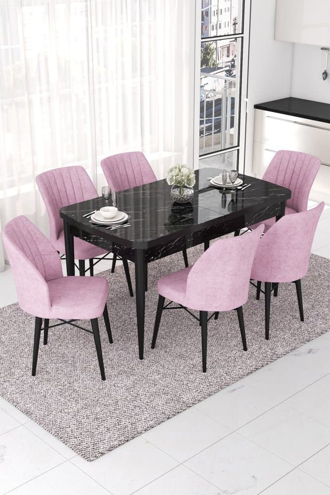Extendable Dining Table & Chairs Set (7 Pieces) Nef - Black Marble, Pink 1