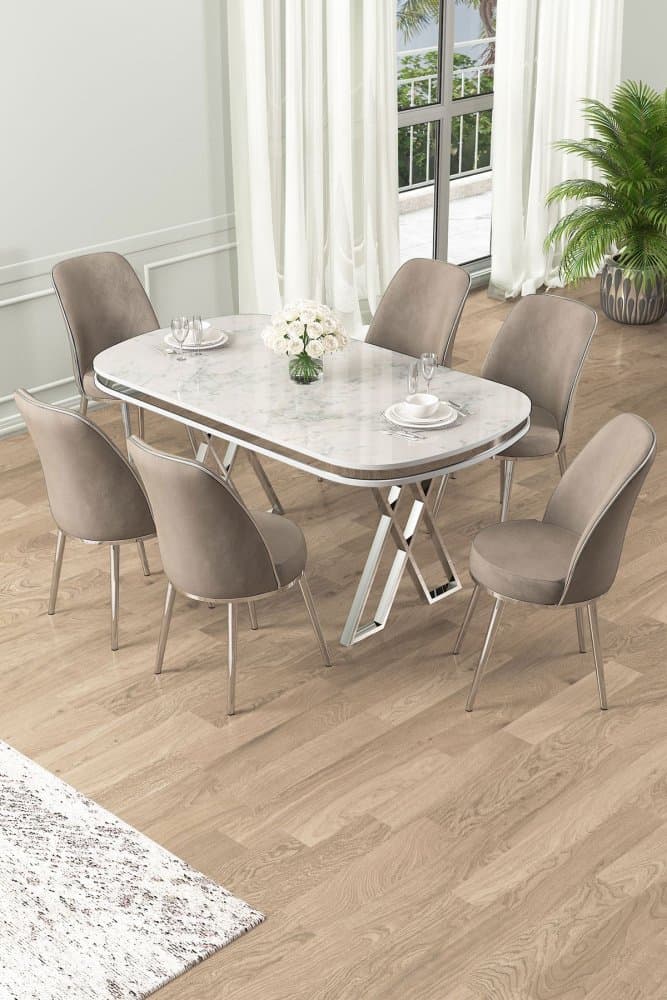 Dining Table & Chairs Set (7 Pieces) Lai - White, Chrome, Cappuccino 1