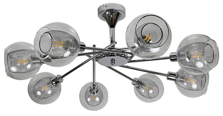 Chrómová stropná lampa, sklenené tienidlo, kôš, 8x40W, E14, Ozzo