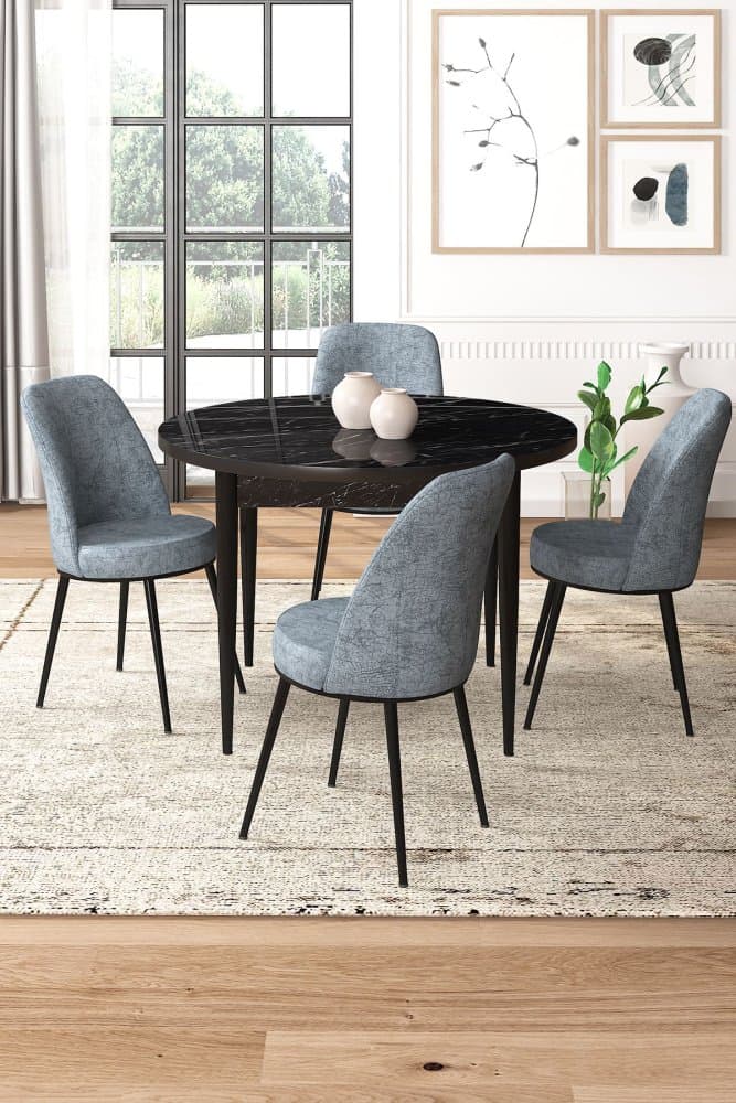 Dining Table & Chairs Set (5 Pieces) Tor - Black Marble, Grey 1