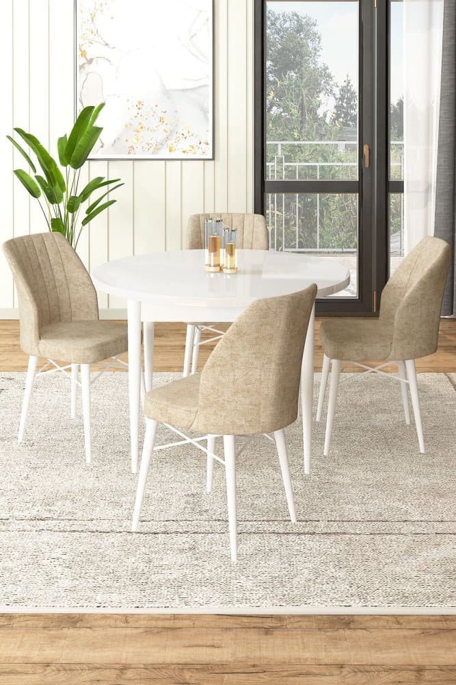 Dining Table & Chairs Set (5 Pieces) Rox - White, Cream 1