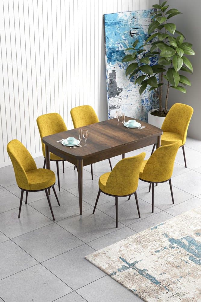 Extendable Dining Table & Chairs Set (7 Pieces) Han - Baroque, Mustard 1
