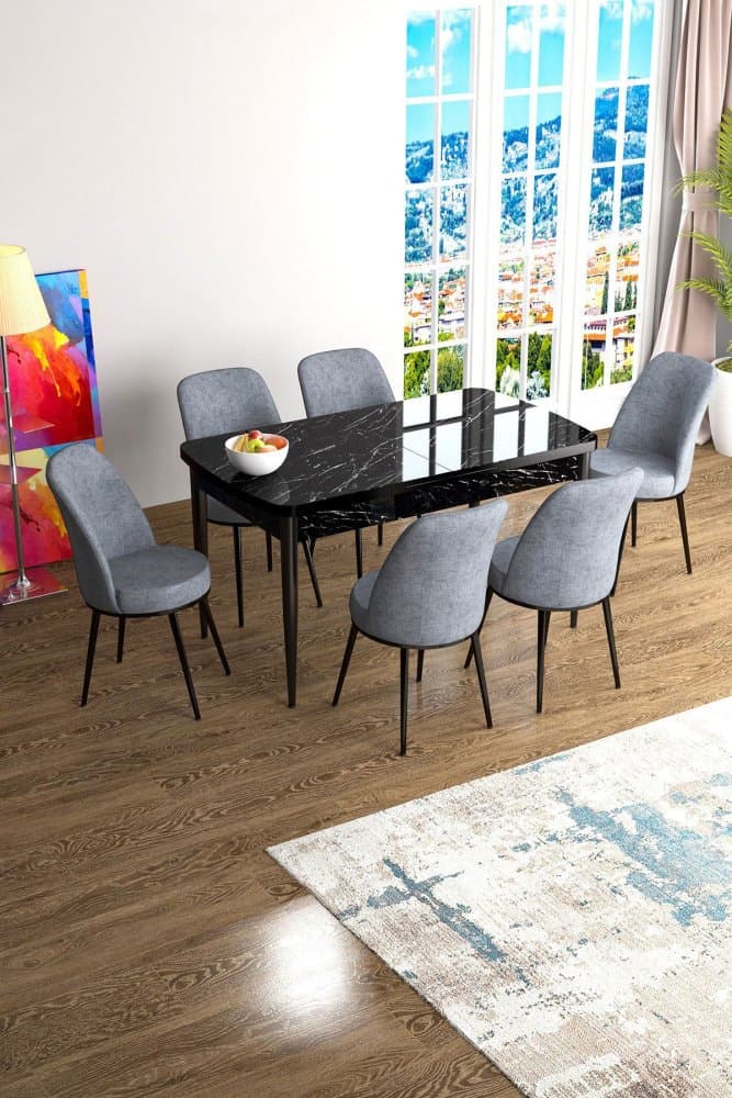 Extendable Dining Table & Chairs Set (7 Pieces) Han - Black Marble, Grey 1