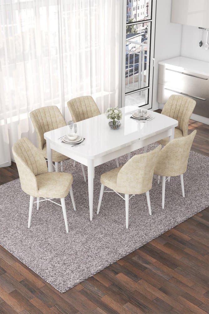 Extendable Dining Table & Chairs Set (7 Pieces) Nef - White, Cream 1