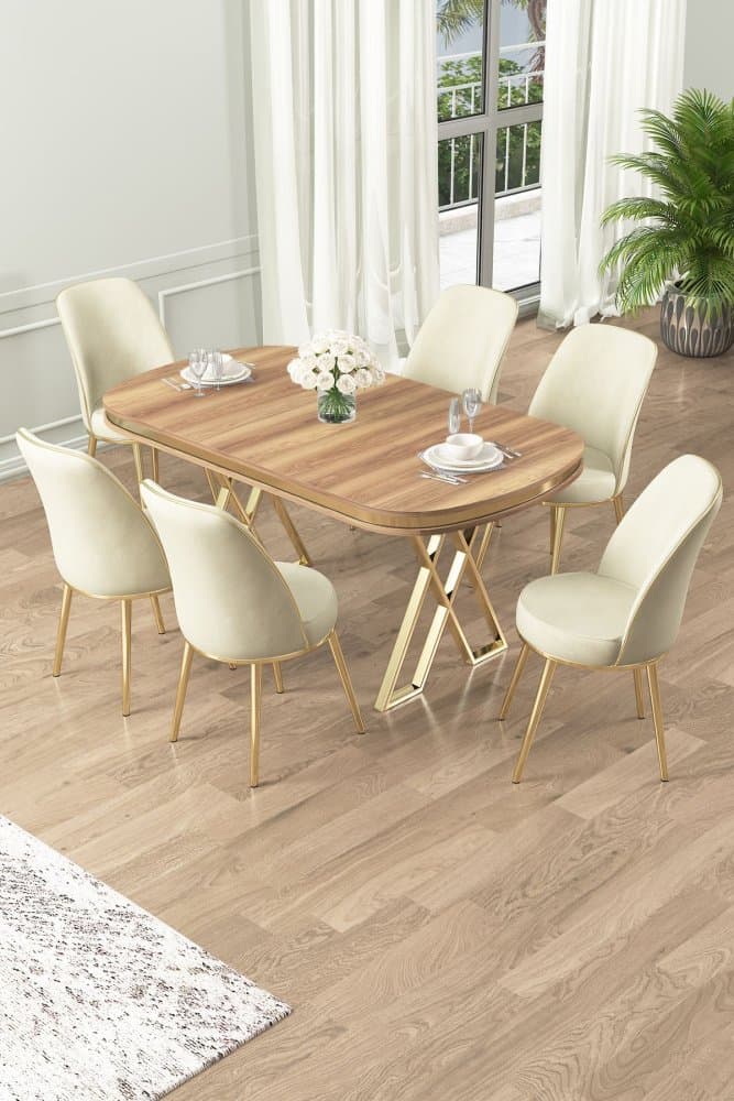 Dining Table & Chairs Set (7 Pieces) Lai - Light Walnut, Gold, Cream 1