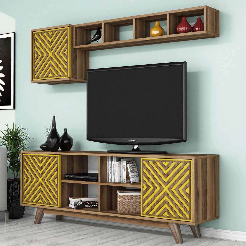 TV skrinka / Obývacia stena Inci - Walnut, Yellow 1