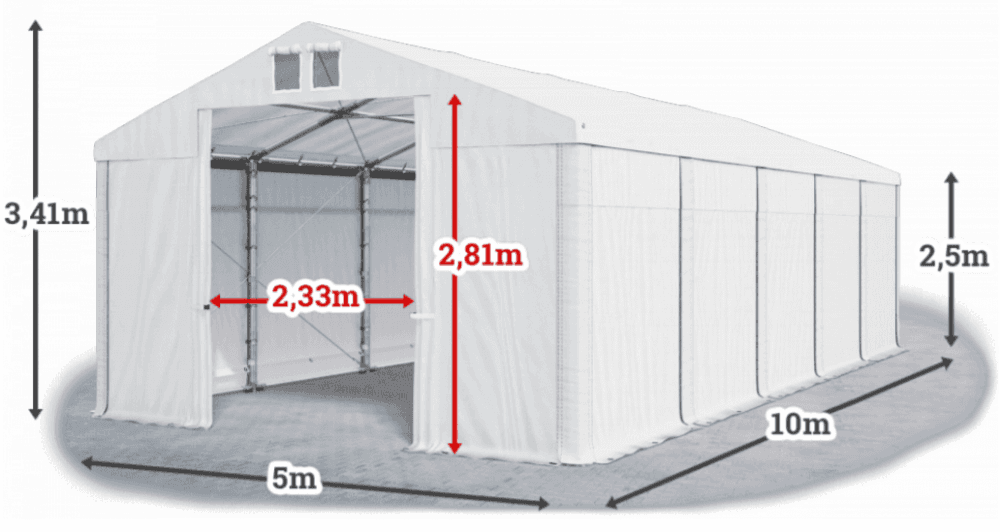 Skladový stan 5x10x2,5m strecha PVC 560g/m2 boky PVC 500g/m2 konštrukcie ZIMA PLUS Bílá Bílá Bílá